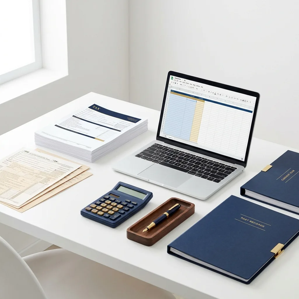 Business tax documents, a spreadsheet, calculator and folders on a desk — Middle Tennessee business tax preparation